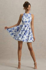 Waverly | Blue Floral Racer-Neck Sleeveless Skater Mini Dress
