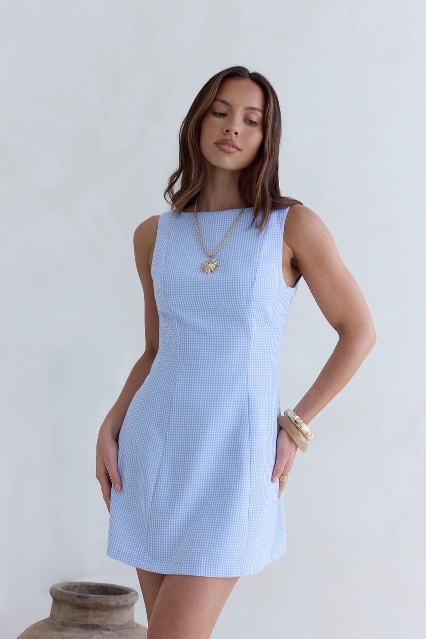 Dreamy Skies Gingham Mini Dress Blue